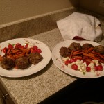 Our first meal – qofte with sweet potato fries and a caprese salad.