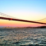 Golden Gate Bridge at sunset with San Francisco in the background.