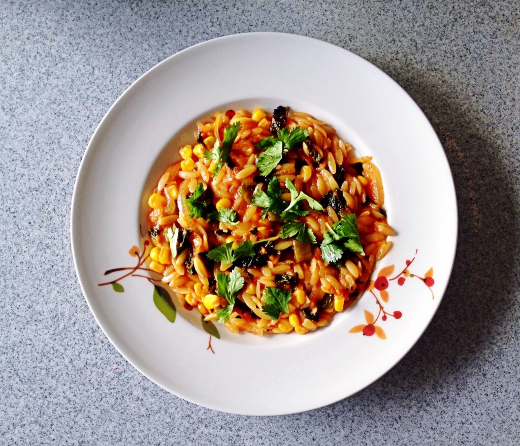 orzo with poblano peppers and other vegetables