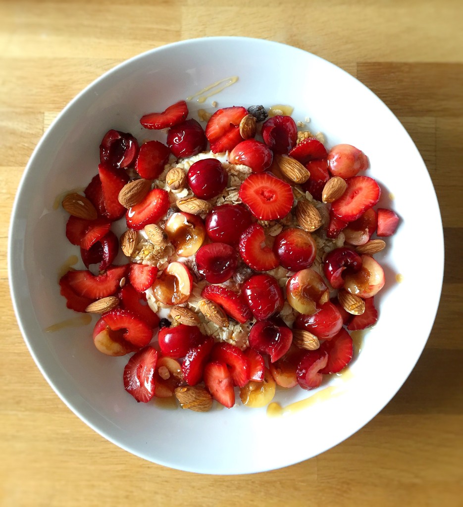 mixed cherries and strawberry muesli with almonds